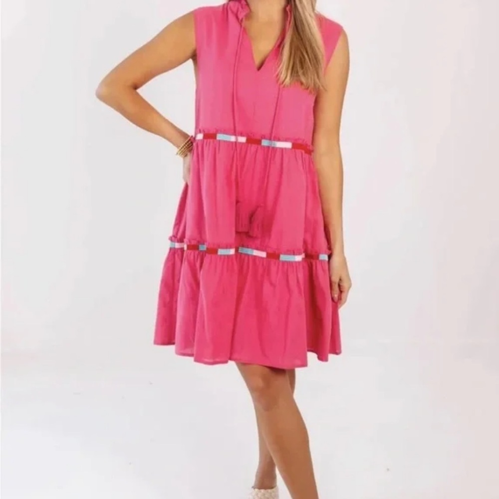J Marie Bright Pink Bristol‎ Embroidered Trim Tiered V-Neck Sleeveless Dress M